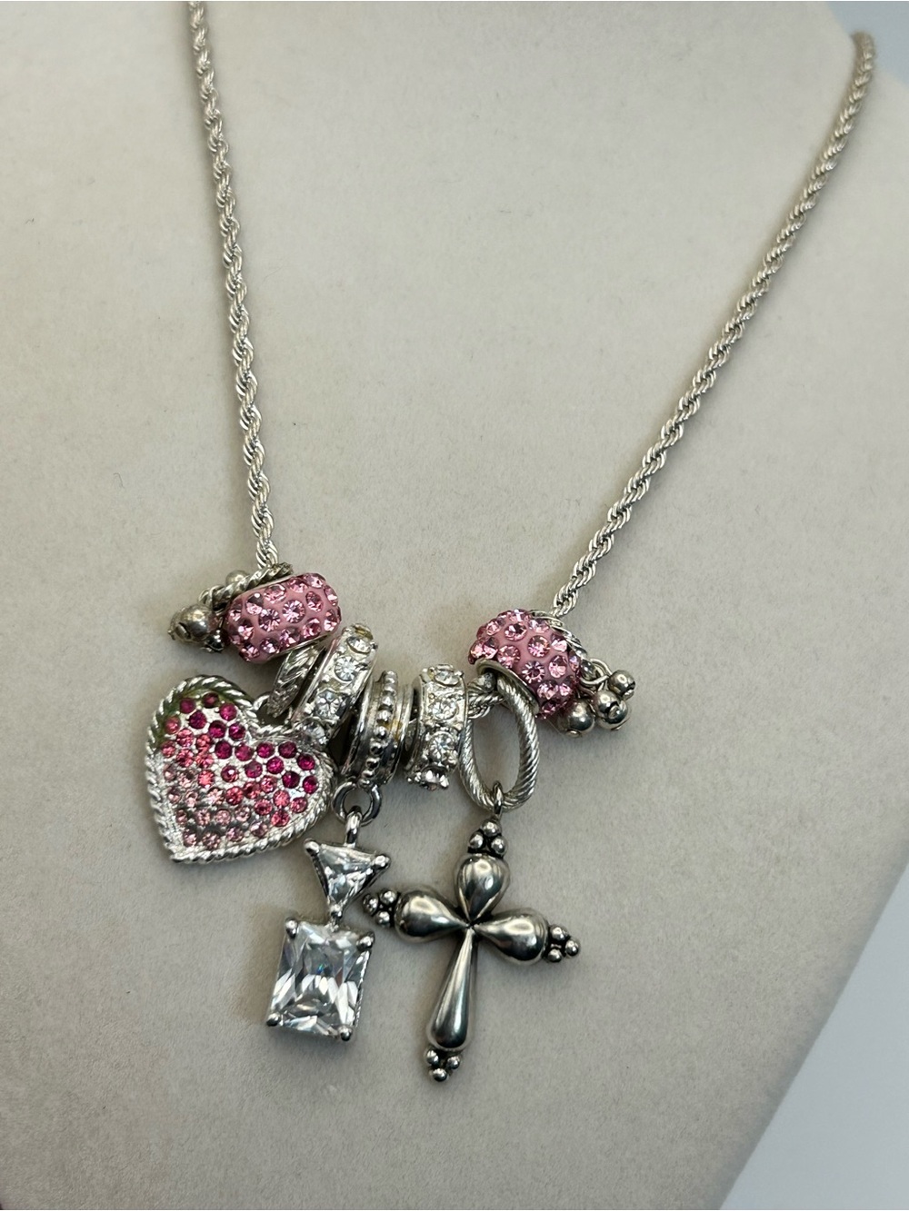Sparkling Pink Crystals Charm Necklace Silver-tone Cross 30" Unsigned - Picture 4 of 13